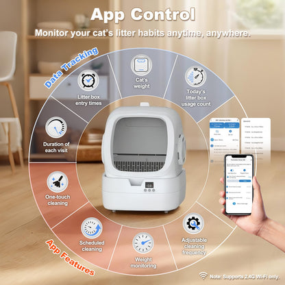 Automatic Cat Litter Box Self Cleaning - APP Control and Weight Monitoring - Ultra-Quiet, Suitable for Medium Cats and Kittens, Safe Anti-Pinch Litter Box (Assembly Required) -White