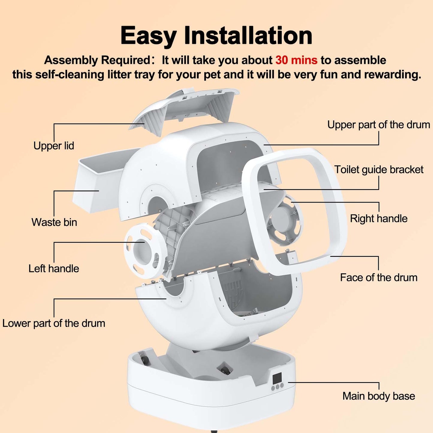 Automatic Cat Litter Box Self Cleaning - APP Control and Weight Monitoring - Ultra-Quiet, Suitable for Medium Cats and Kittens, Safe Anti-Pinch Litter Box (Assembly Required) -White