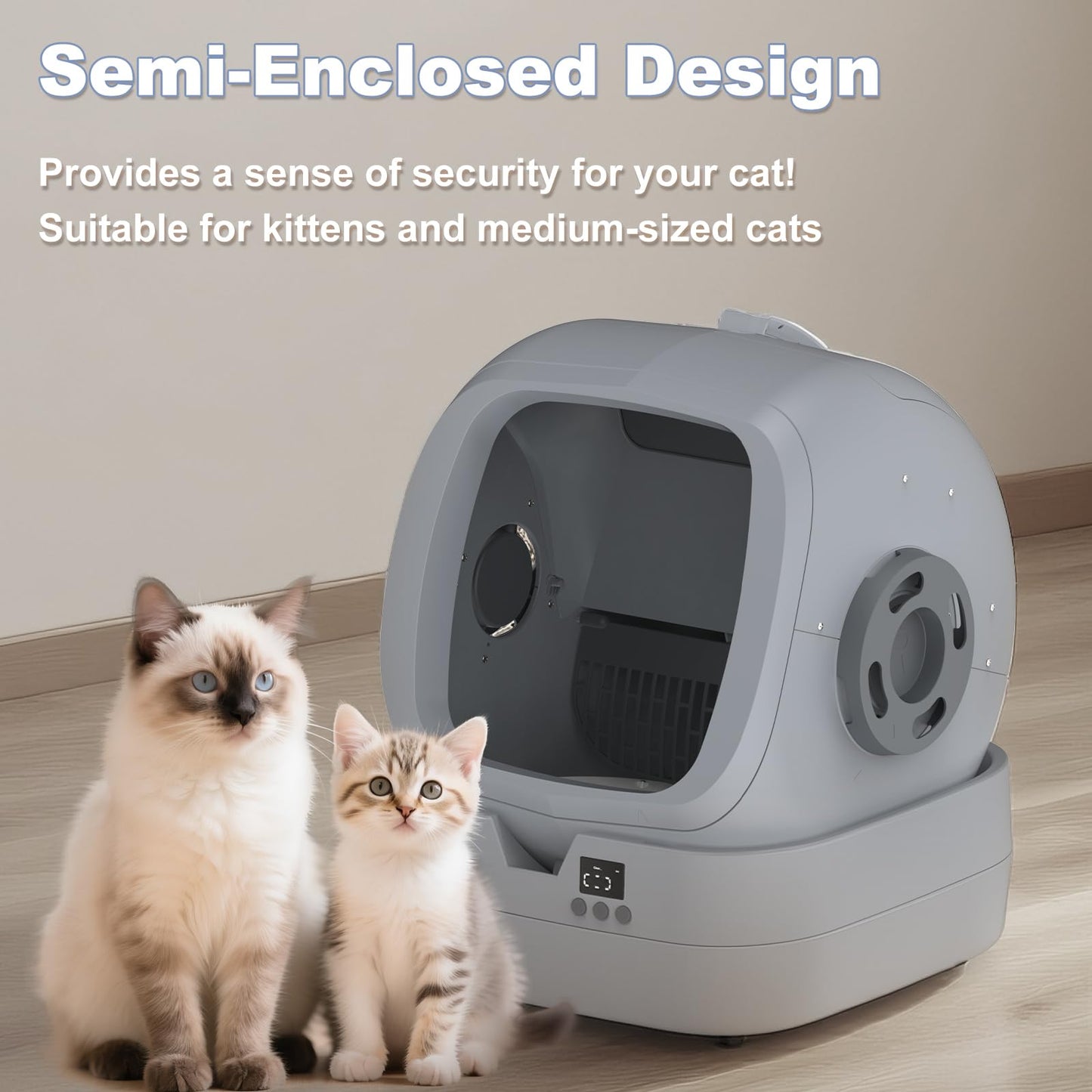Automatic Cat Litter Box Self Cleaning - APP Control - Weight Monitoring - Ultra-Quiet, Medium Cats and Kittens Litter Box, Safe Anti-Pinch【Assembly Required】- Grey