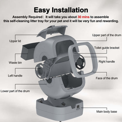 Automatic Cat Litter Box Self Cleaning - APP Control - Weight Monitoring - Ultra-Quiet, Medium Cats and Kittens Litter Box, Safe Anti-Pinch【Assembly Required】- Grey