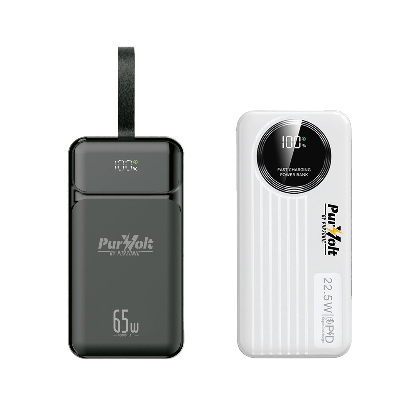 Pursonic Power Anywhere Bundle – PurVolt 40,000mAh Power Bank + LED Fast Charging Power Bank with Built-in Cables Pursonic