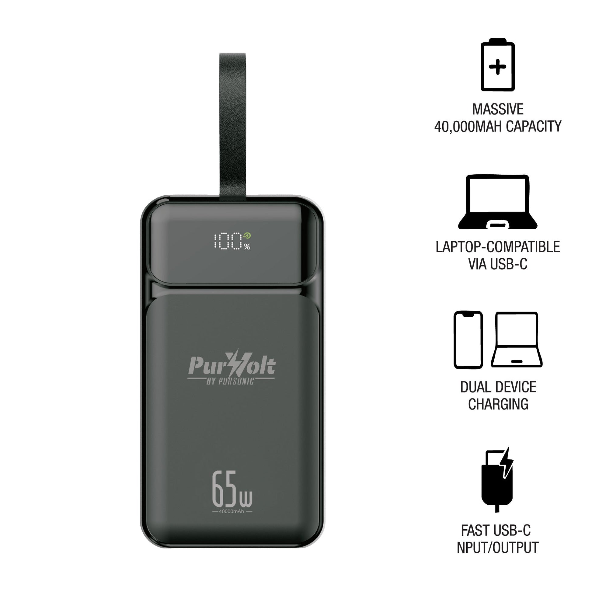Pursonic Power Anywhere Bundle – PurVolt 40,000mAh Power Bank + LED Fast Charging Power Bank with Built-in Cables Pursonic