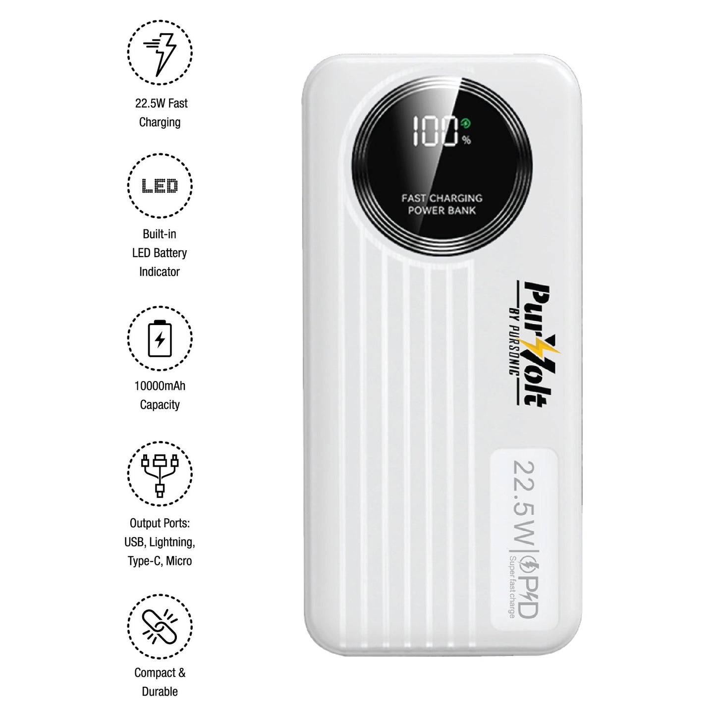 Pursonic Power Anywhere Bundle – PurVolt 40,000mAh Power Bank + LED Fast Charging Power Bank with Built-in Cables Pursonic